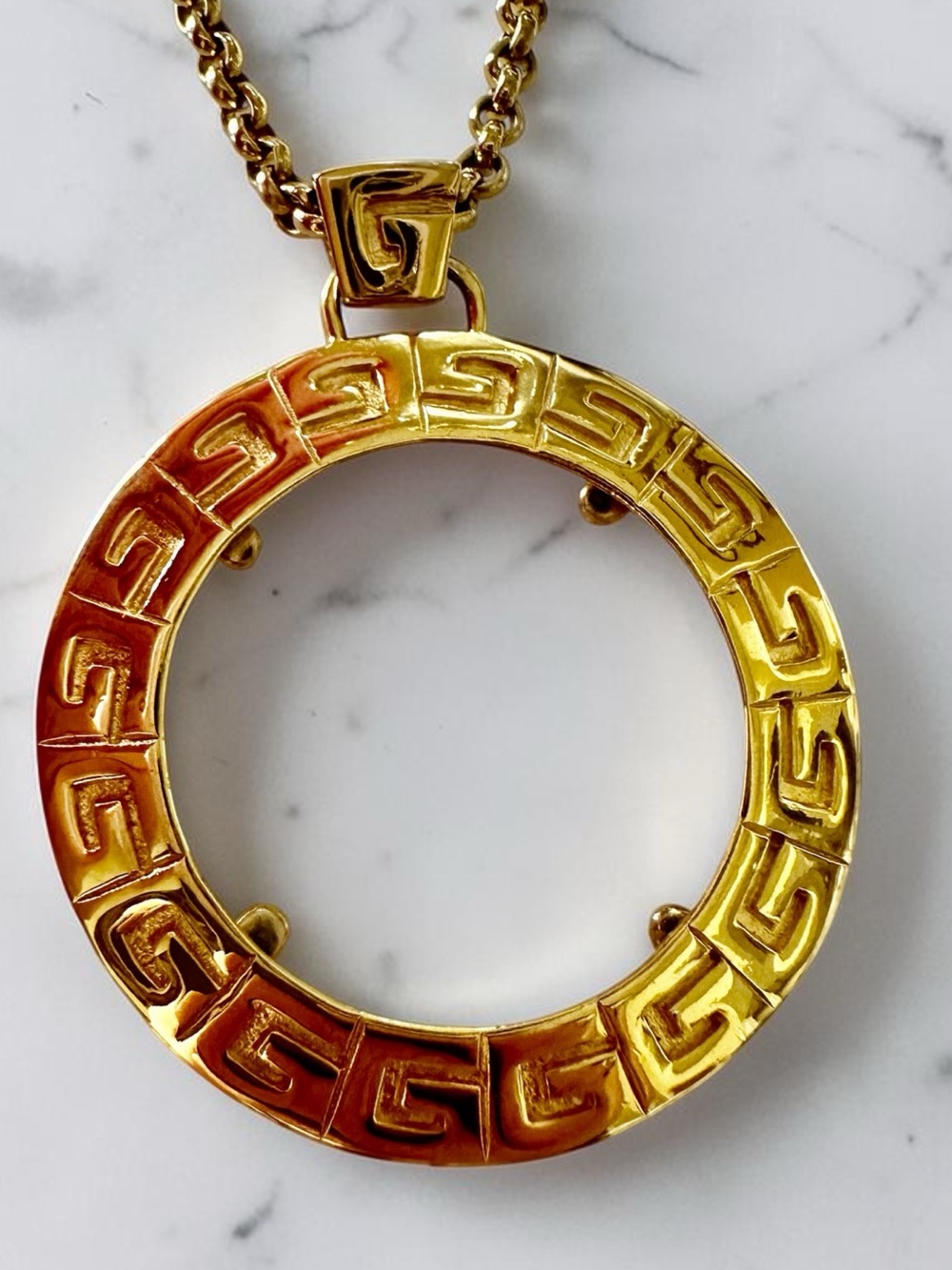 Vintage Givenchy Gold-Tone Greek Key Magnifying Glass Pendant Necklace